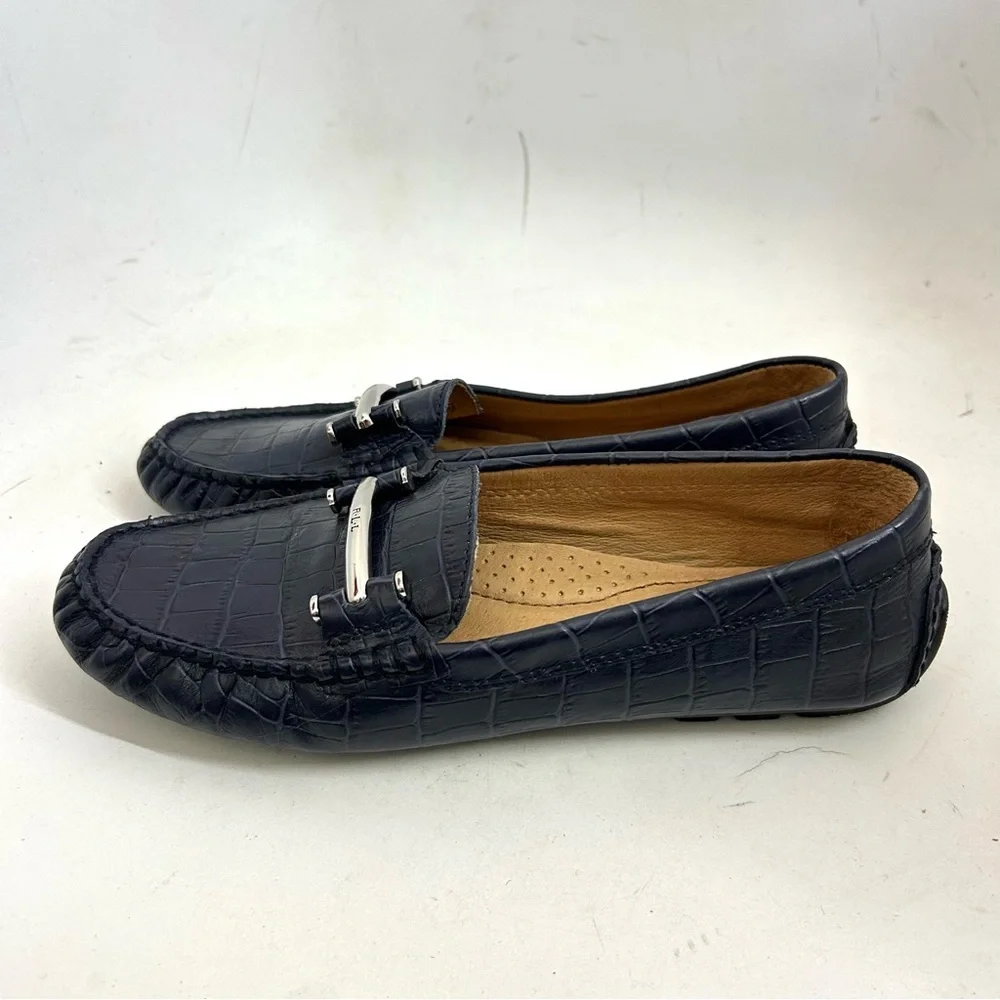 Lauren Ralph Lauren Caliana Croc Embossed Navy Leather Driving Loafers 7.5